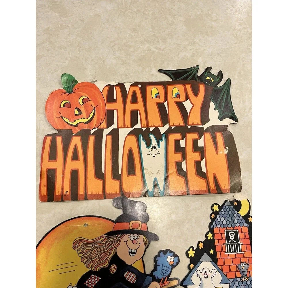 Vtg Beistle Halloween Decorations Die Cut Punch Out Ghosts Cat Jack-o-lantern